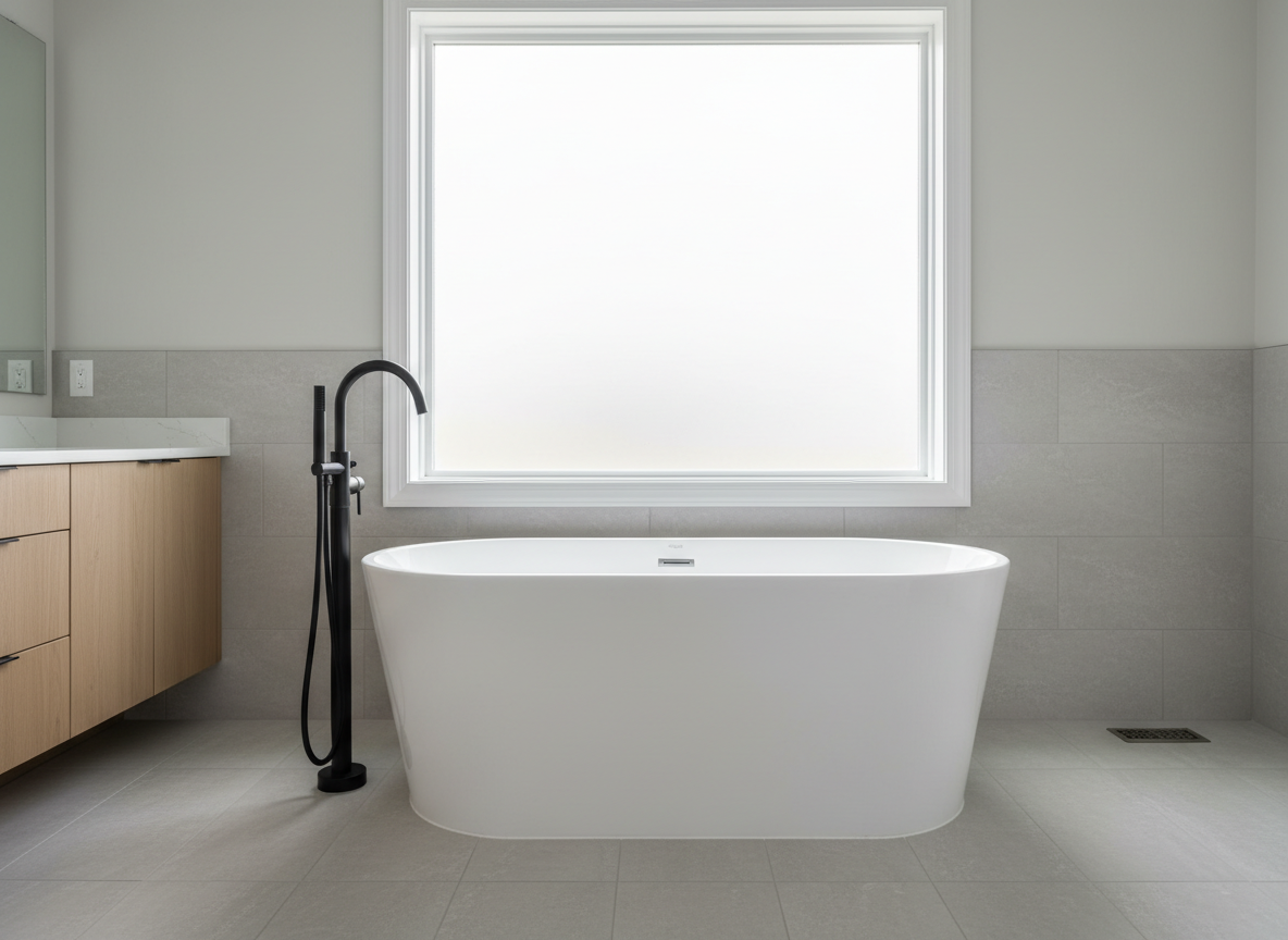 A high-end bathroom in a Middle Georgia listing, photographed for maximum appeal. The central subject is a freestanding matte white soaking tub with sleek, minimal curves, positioned beneath a large frosted window that diffuses soft, natural daylight across the room. Large-format, light gray porcelain tiles with a slight stone texture cover the floor and continue partway up the walls. A black, floor-mounted tub filler with a simple, architectural design stands beside the tub, its finish catching subtle highlights. In the background, a double vanity with flat-panel wood cabinetry and a white quartz top is visible, slightly blurred. Shot at eye level with a moderate depth of field, the composition feels serene, spa-like, and impeccably clean, communicating elevated lifestyle and strong resale value through polished photographic realism.