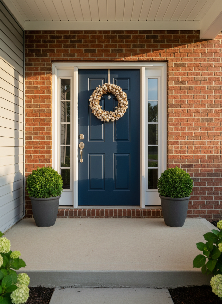 A welcoming front entryway of a Middle Georgia home, styled to highlight seller-ready details. The focus is a freshly painted navy front door with crisp white trim, featuring a brushed nickel handle set and a tasteful, neutral-toned wreath. The door is framed by clean brickwork and simple, symmetrical topiary planters in matte charcoal pots, resting on a smooth concrete stoop. Late afternoon sunlight grazes the facade, creating soft, angled shadows that emphasize texture without harsh contrast. Shot straight-on at eye level with sharp focus, the composition centers the door while allowing a hint of siding and landscaping to remain in frame. The mood is polished yet approachable, suggesting meticulous preparation and strong curb appeal, ideal for listing photos that help homes stand out in the market.