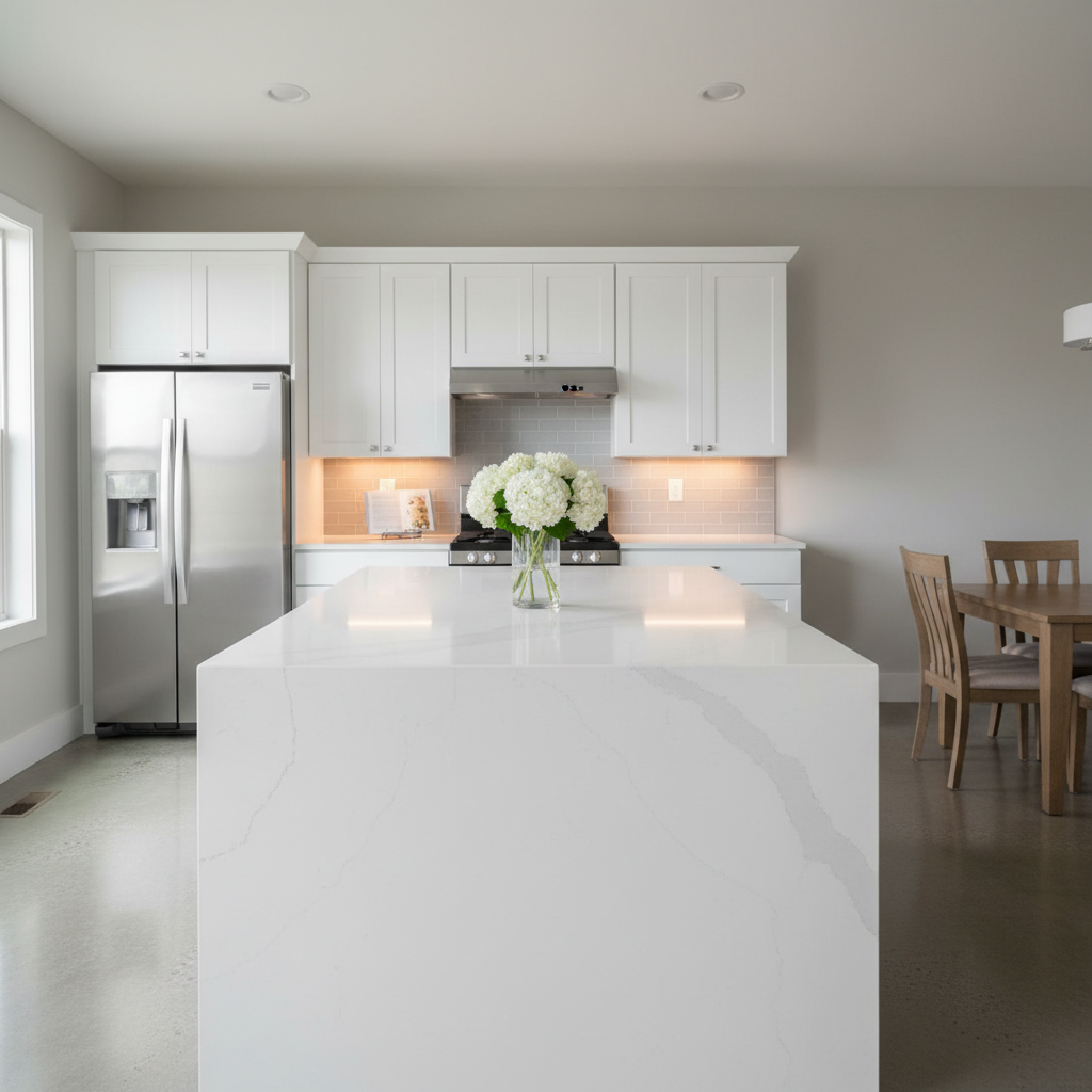 A meticulously staged kitchen in a modern Middle Georgia home, emphasizing premium real estate photography. The central subject is a large quartz island with faint gray veining and a waterfall edge, perfectly cleared except for a single glass vase with fresh white hydrangeas. Sleek stainless steel appliances reflect the soft, diffused daylight streaming through a nearby window, while matte white shaker cabinets line the background. Under-cabinet lighting casts a warm glow on the subtle subway tile backsplash, adding depth without distraction. Captured at eye level with a wide-angle lens, the composition highlights the open floor plan extending into a blurred dining area. The mood is clean, polished, and aspirational, ideal for showcasing a listing’s most desirable feature in a high-end, photographic realism style.