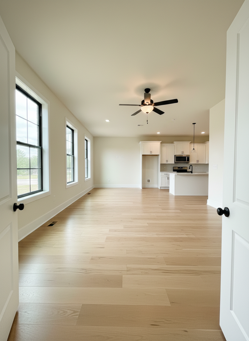A bright, unfurnished new-construction home interior in Middle Georgia, styled for real estate marketing. The focus is a large, open-concept great room with smooth, freshly painted warm white walls and wide-plank, light oak flooring running the full length of the space. Tall windows line one wall, flooding the room with even, natural daylight that creates soft, minimal shadows. Simple black metal hardware on the interior doors and a modern ceiling fan add just enough contrast. Captured from one corner with a wide-angle lens, the composition leads the eye through the room toward an adjacent kitchen visible in the background. The image feels airy, spacious, and meticulously clean, showcasing true dimensions and potential for buyers while maintaining a neutral, professional, photographic realism aesthetic.