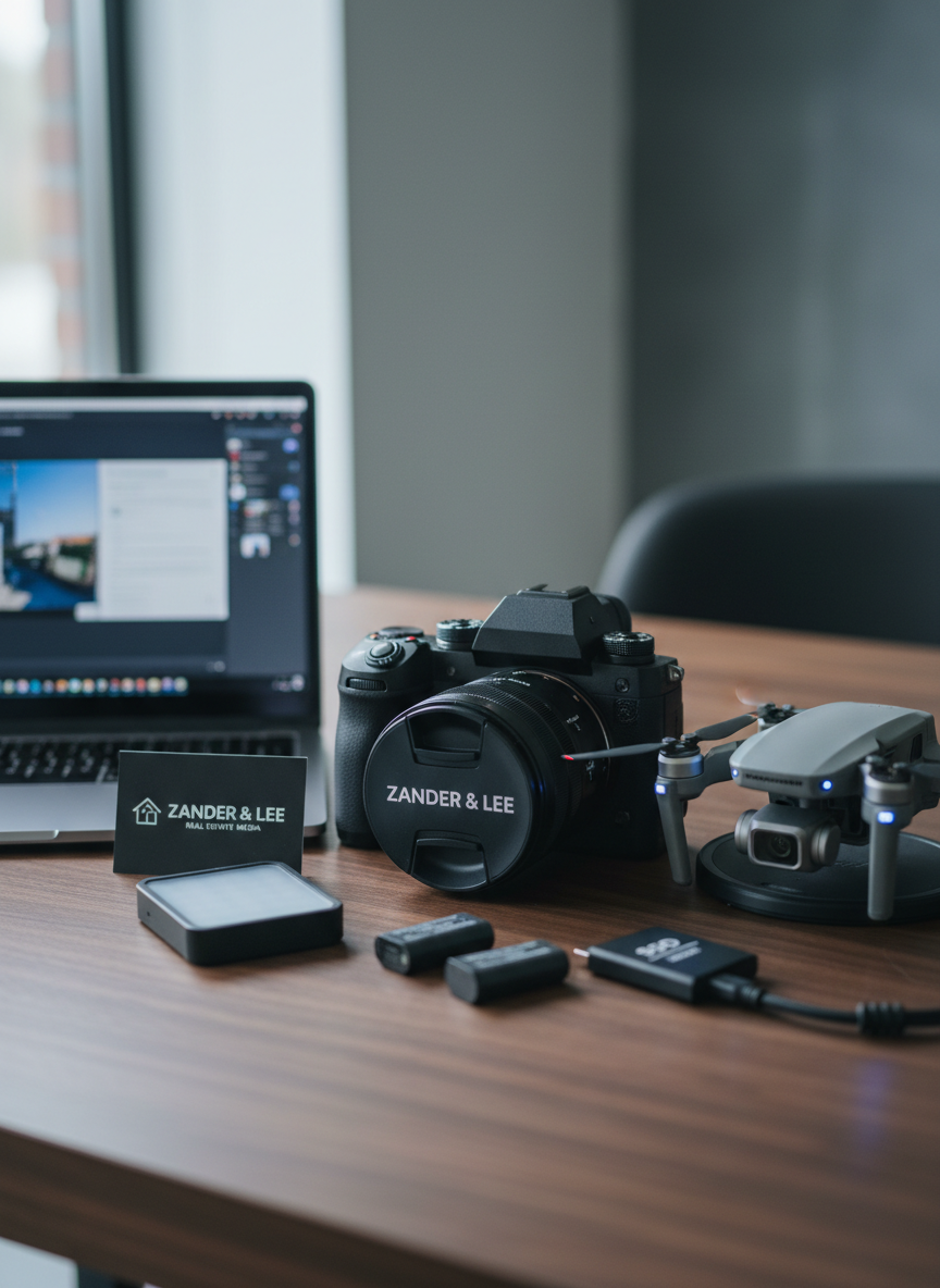 A detailed close-up of professional real estate media equipment arranged neatly on a dark walnut desk, representing Zander & Lee Real Estate Media’s services. A high-end mirrorless camera with a wide-angle lens rests centrally, its textured black body and precise metal dials rendered in sharp photographic realism. Next to it, a compact drone with folded arms, a gimbal-stabilized camera, and subtle LED indicators suggests aerial property capture. A sleek laptop displays a blurred real estate photo editing interface, with cool, soft screen glow providing subtle accent light. Natural daylight from an unseen window falls from the left, creating refined highlights and gentle, directional shadows. Shot from a slightly elevated angle with shallow depth of field, the scene feels modern, technical, and trustworthy, emphasizing professionalism and advanced tools for faster, more compelling property listings.