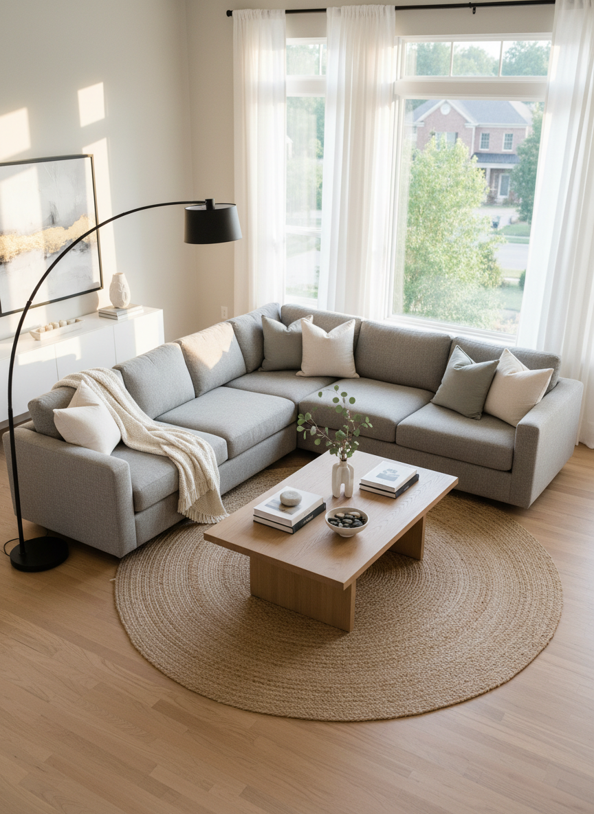 An elegant, sunlit living room in a freshly listed Middle Georgia home, captured in crisp photographic realism. The focus is on a plush, dove-gray sectional sofa with clean lines and textured linen fabric, arranged around a low-profile oak coffee table with a subtle matte finish. Floor-to-ceiling windows reveal a softly blurred suburban neighborhood, while golden hour light pours in, creating gentle highlights on the hardwood floors and soft shadows beneath the furnishings. A neutral, professionally styled color palette of warm whites, soft grays, and natural wood tones conveys sophistication. Shot from a slightly elevated corner angle with sharp focus throughout, showcasing the spaciousness and layout in a way that feels inviting, market-ready, and perfect for real estate listing photos.